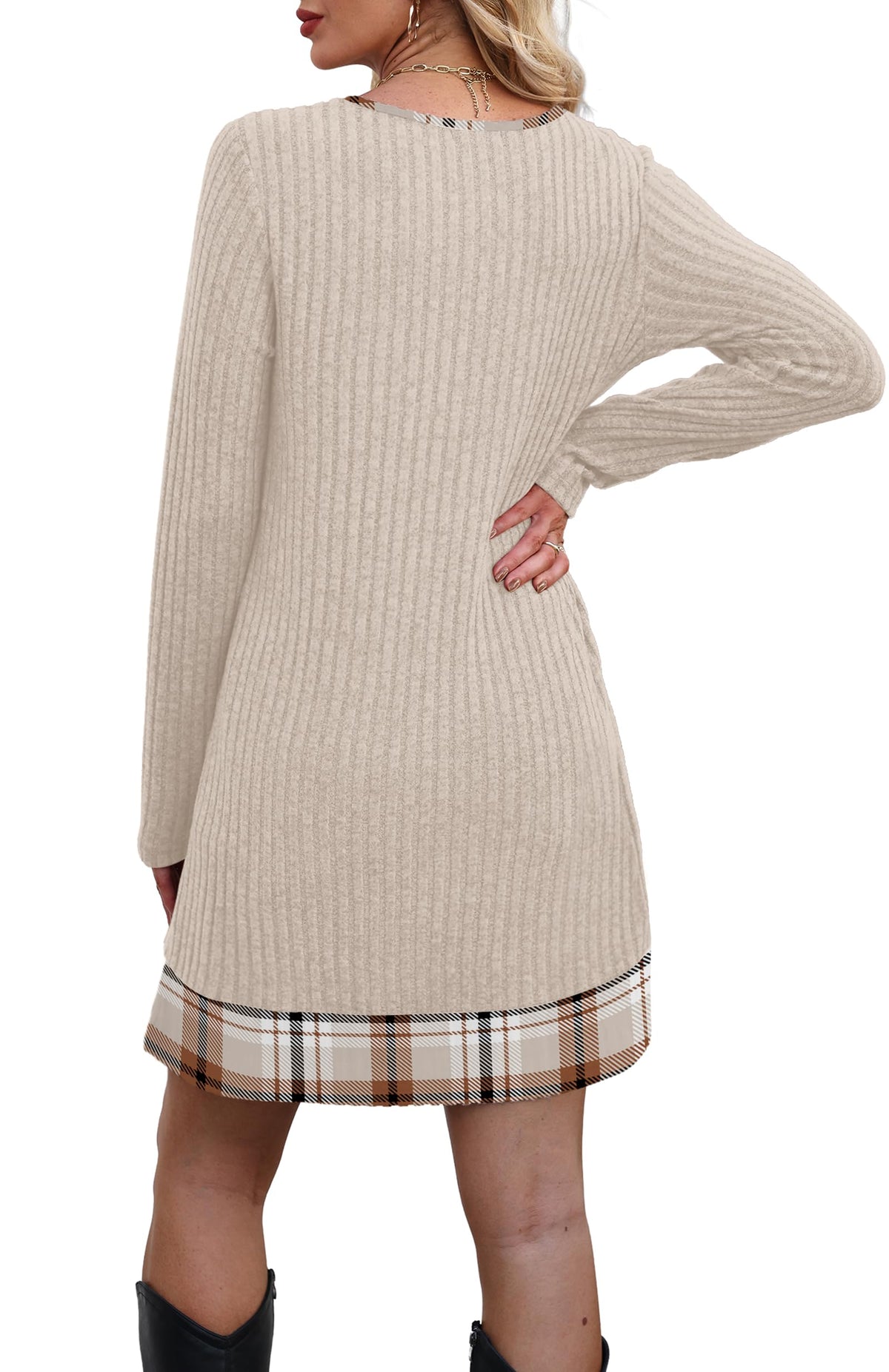 Women's Plaid Trim Ribbed Sweater Dress