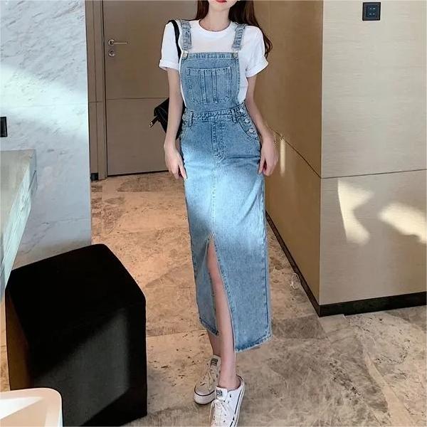 Retro Slim Slit Design Suspenders Skirt