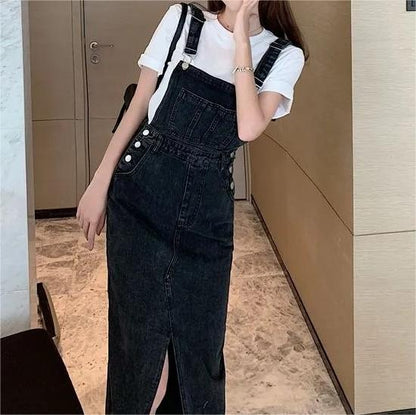 Retro Slim Slit Design Suspenders Skirt