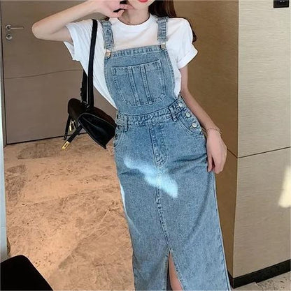Retro Slim Slit Design Suspenders Skirt