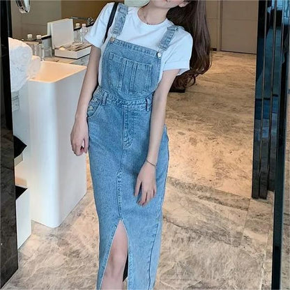 Retro Slim Slit Design Suspenders Skirt