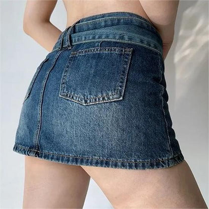 Vintage High Waist Belt Denim Skirt