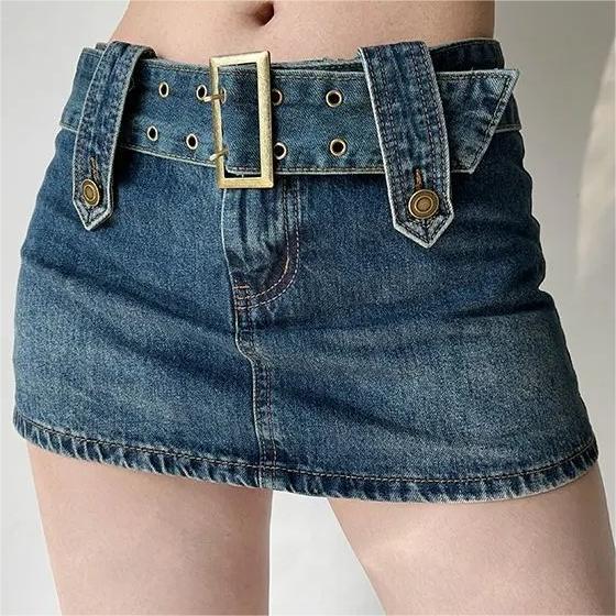 Vintage High Waist Belt Denim Skirt