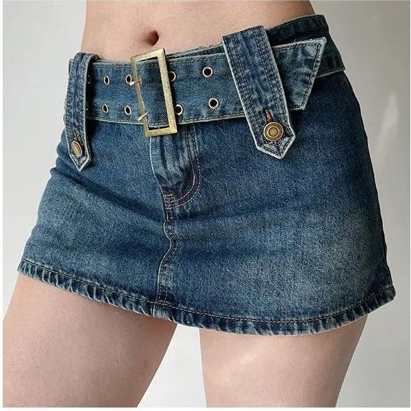 Vintage High Waist Belt Denim Skirt