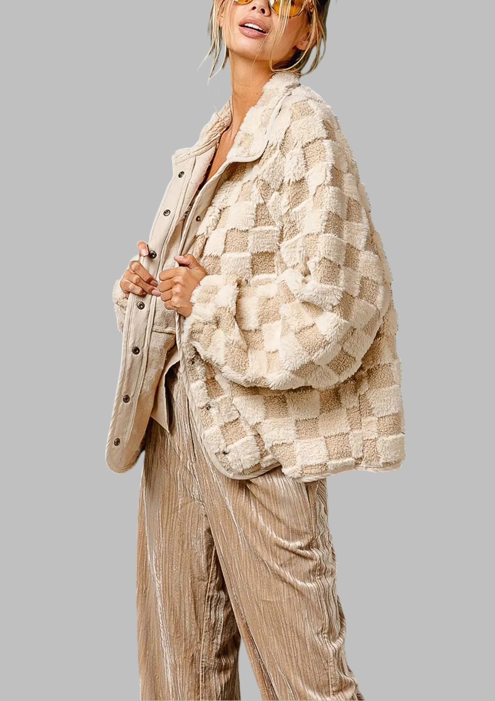 Women's Winter Casual Checkered Fleece Sherpa Jacket