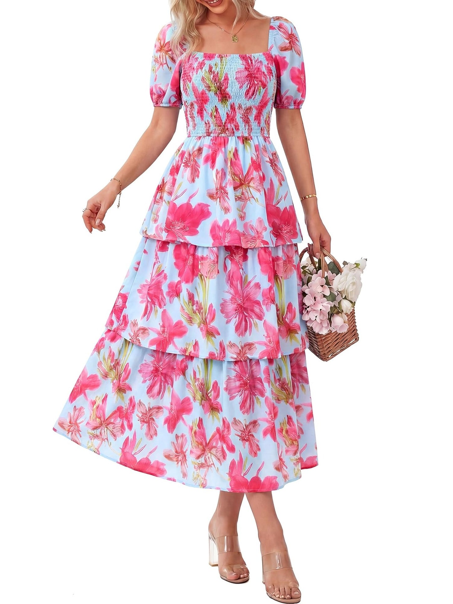 Women's Vacation Style Floral Print Square Neck Dress