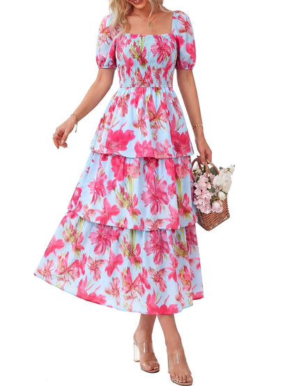 Women's Vacation Style Floral Print Square Neck Dress