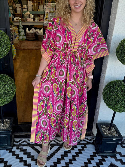 Women's Mixed Color Dress with Drawstring