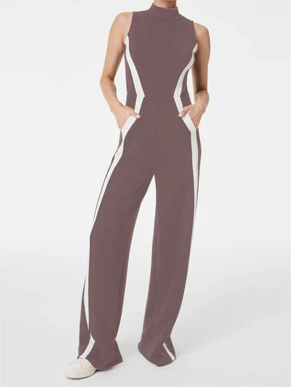 Mock Neck Striped Track Jumpsuit