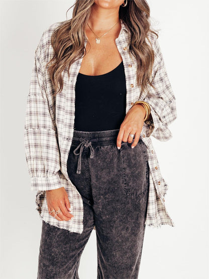 Women's Mineral Washed Button Down Plaid Flannel Shirt
