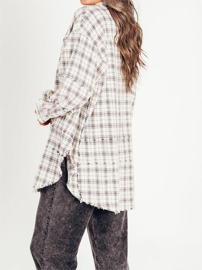 Women's Mineral Washed Button Down Plaid Flannel Shirt