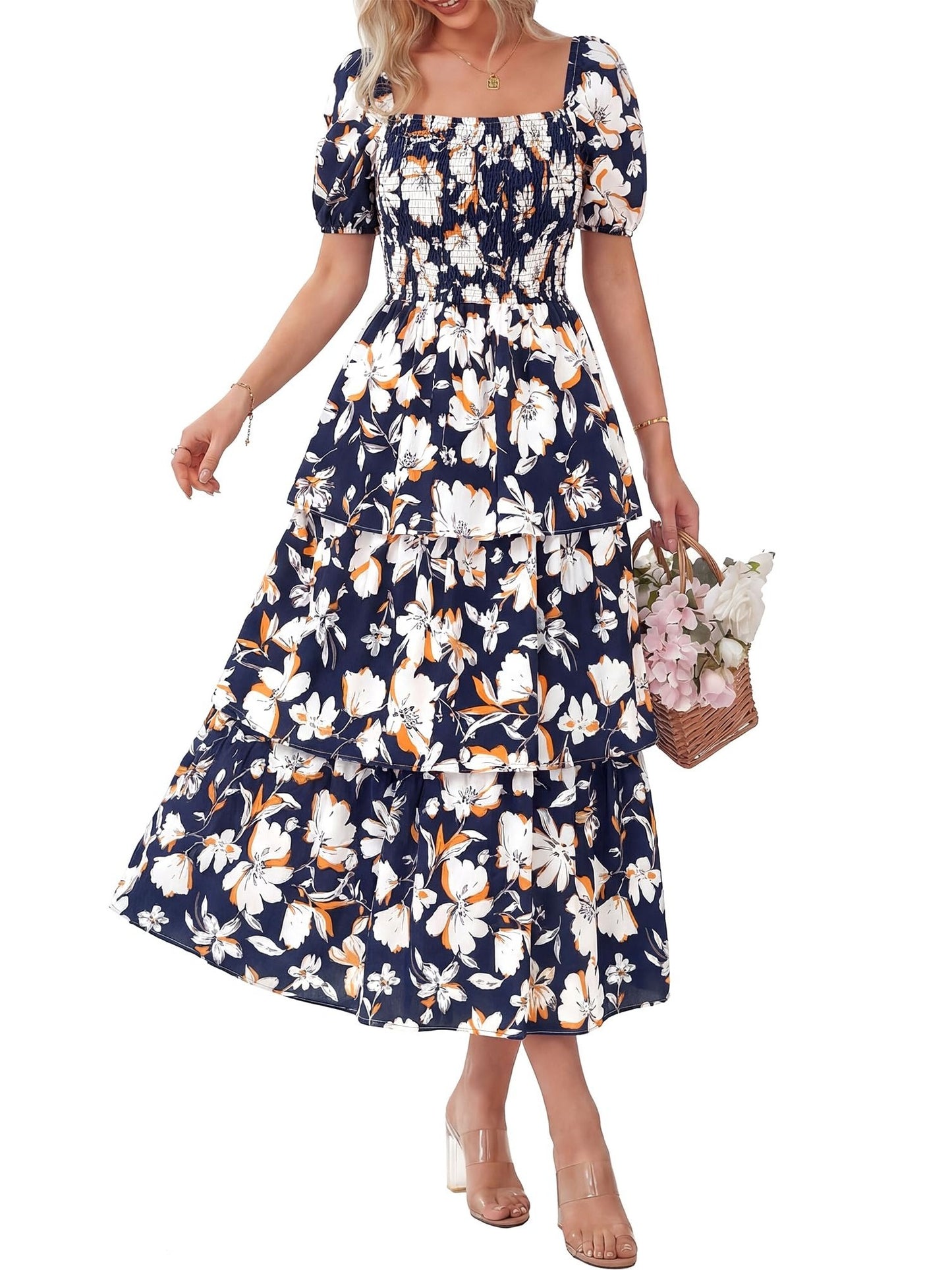 Women's Vacation Style Floral Print Square Neck Dress