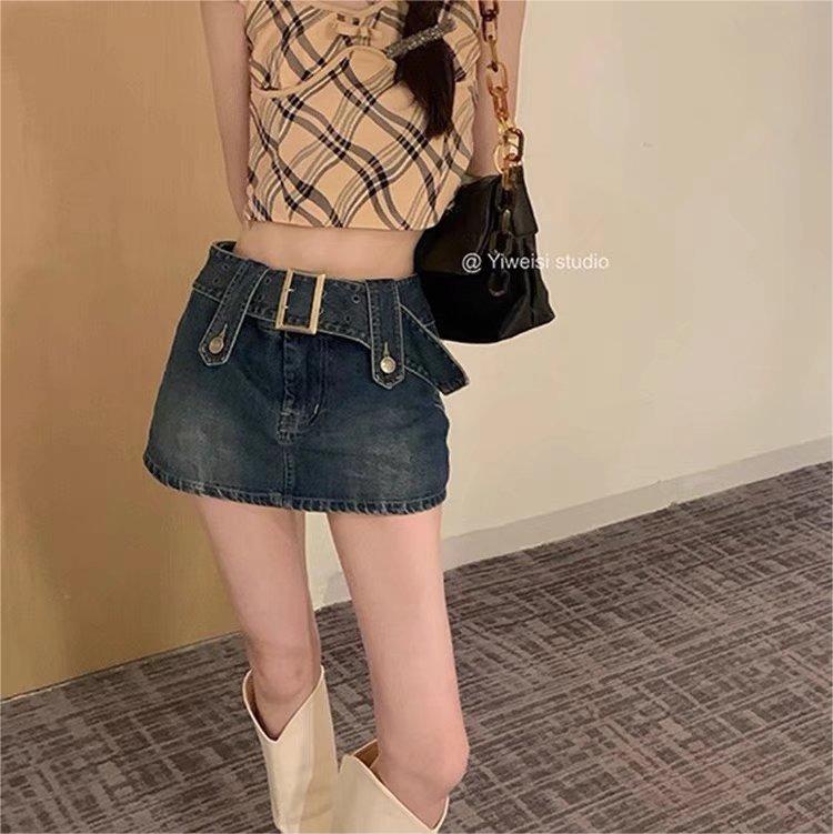Vintage High Waist Belt Denim Skirt