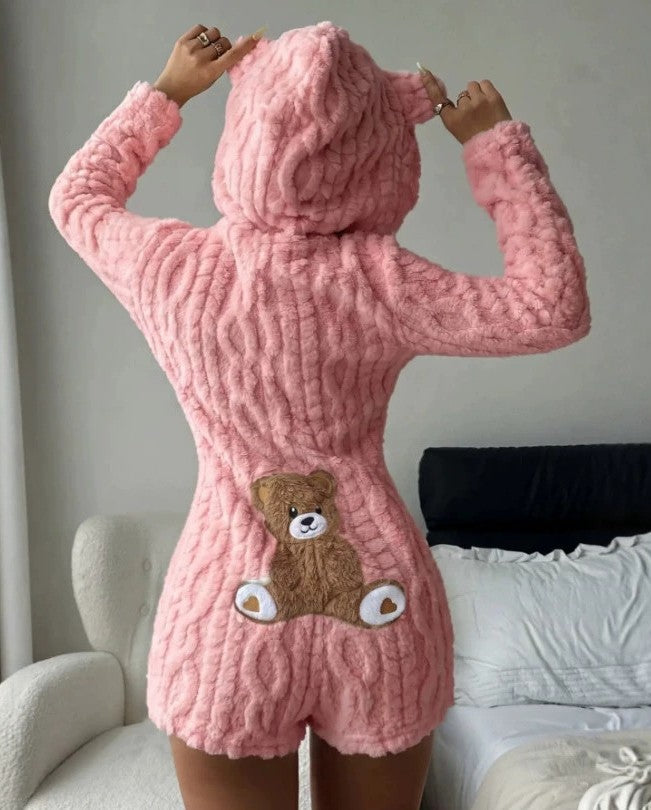 Woemn's Fuzzy Hooded Pajamas Romper