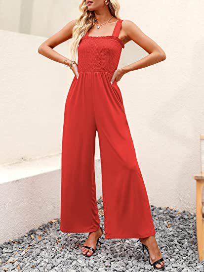 Smocked Wide Leg Jumpsuit Rompers with Pockets