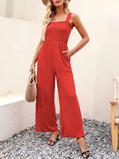 Smocked Wide Leg Jumpsuit Rompers with Pockets