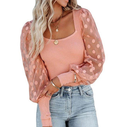 Square Neck Mesh Polka Dot Patchwork Pit Strip Long Sleeve