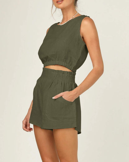 Sleeveless Round Neck Crop 2 Piece Outfits