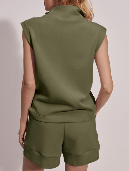 Women's Summer Half Zip Sleeveless Two-Piece Shorts Set
