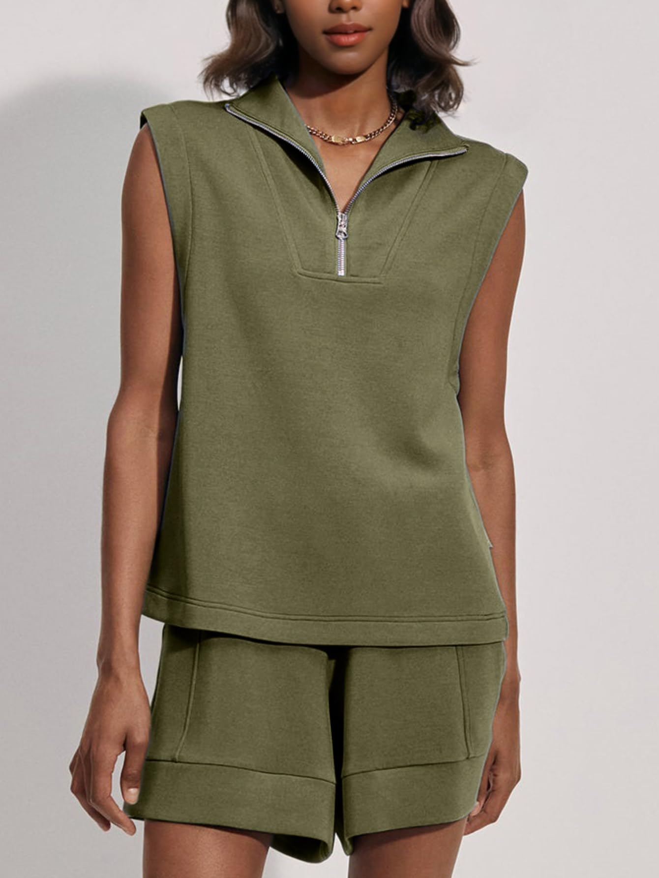 Women's Summer Half Zip Sleeveless Two-Piece Shorts Set