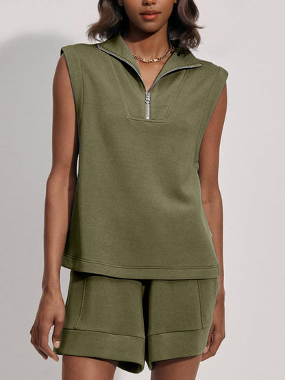 Women's Summer Half Zip Sleeveless Two-Piece Shorts Set