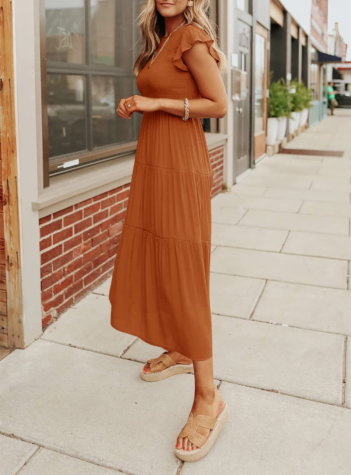 Women's Summer Casual Flutter Short Sleeve Smocked  Midi Dress