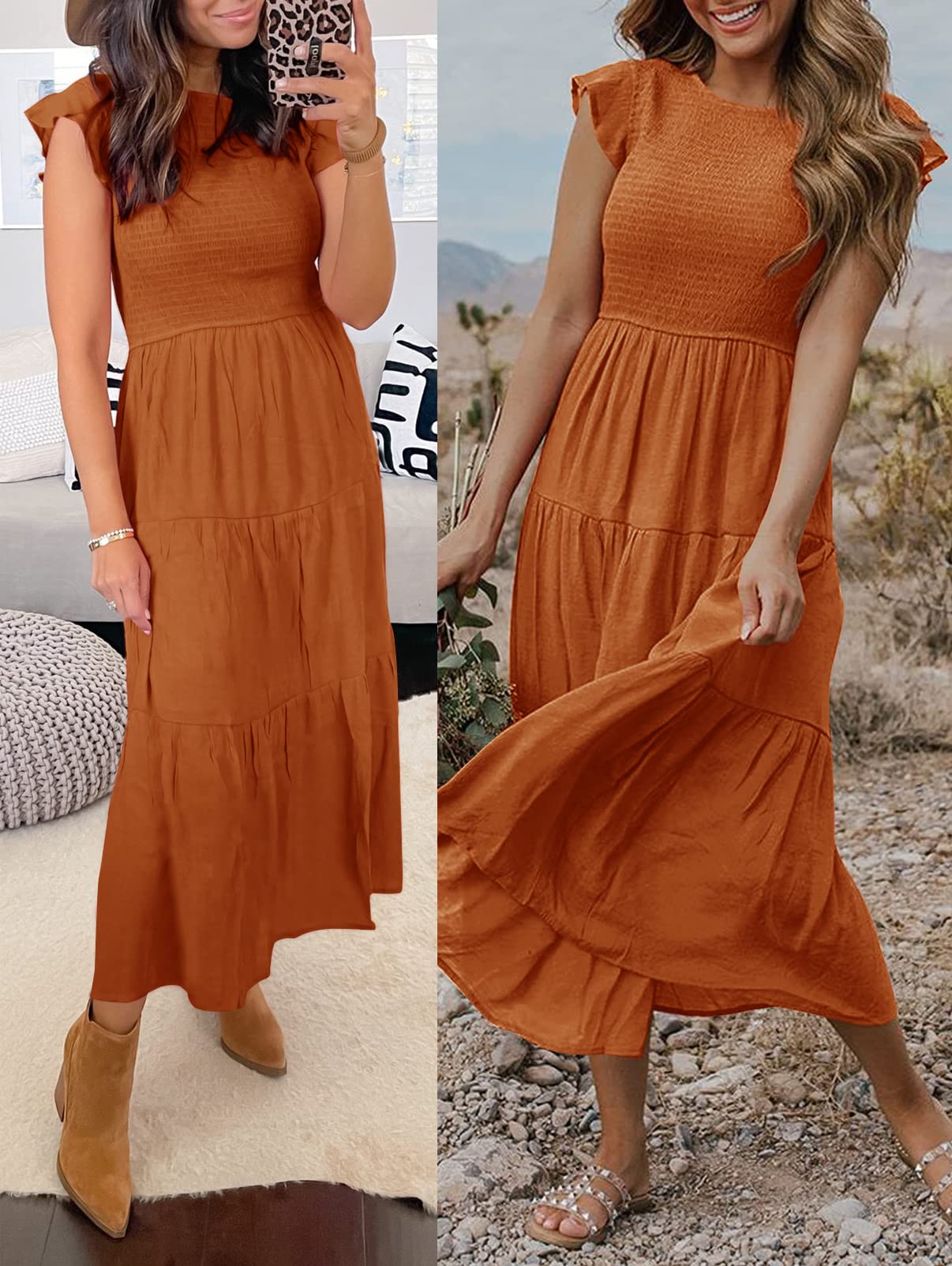 Women's Summer Casual Flutter Short Sleeve Smocked  Midi Dress