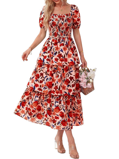 Women's Vacation Style Floral Print Square Neck Dress