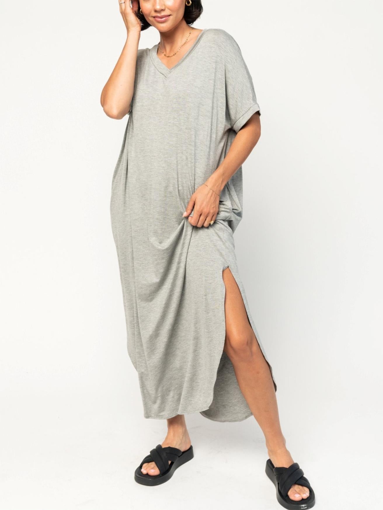 Women's Loose V-neck Split T-shirt Dress