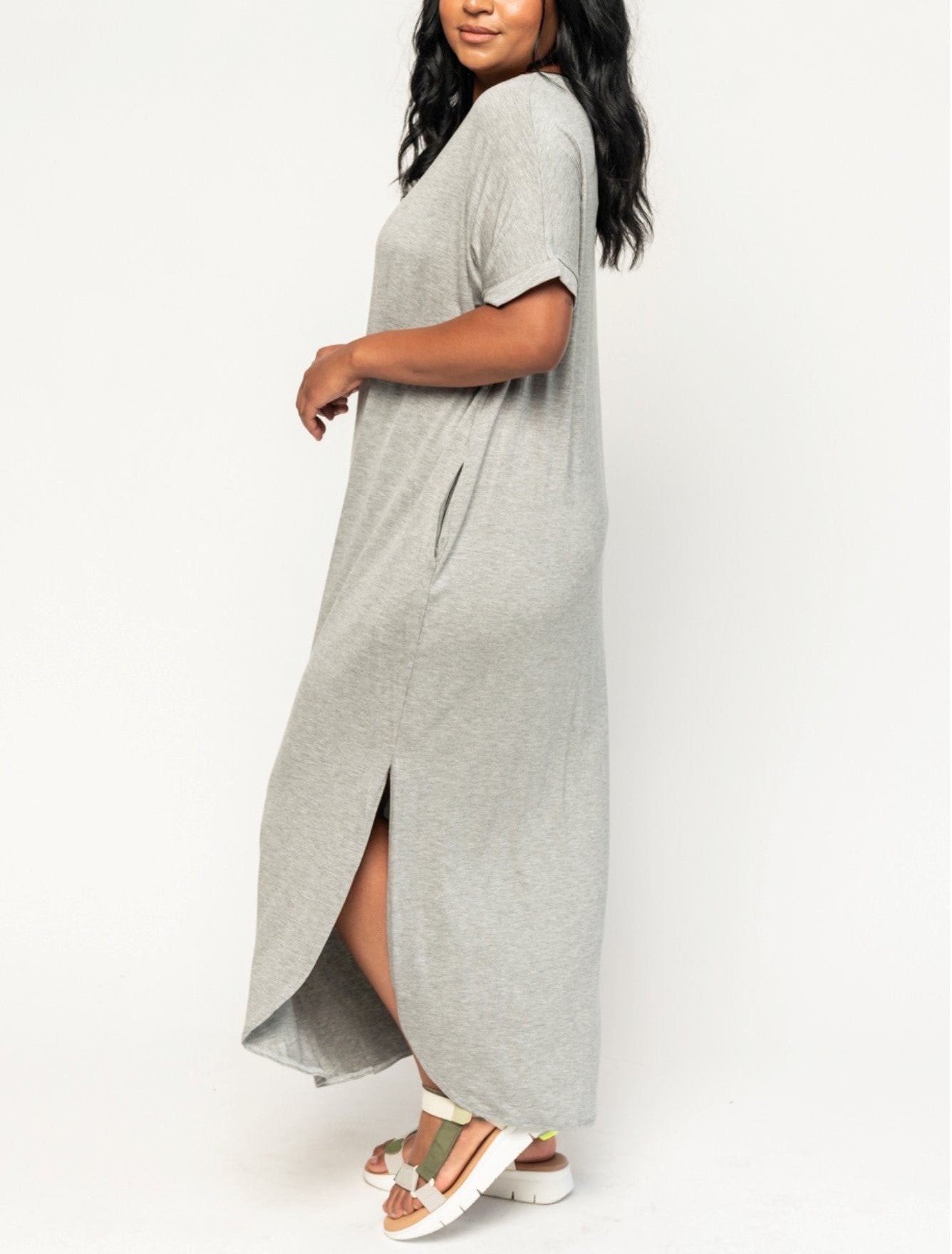 Women's Loose V-neck Split T-shirt Dress