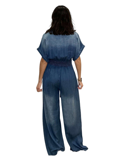Women's Tie-Waist Wide-Leg Denim Jumpsuit