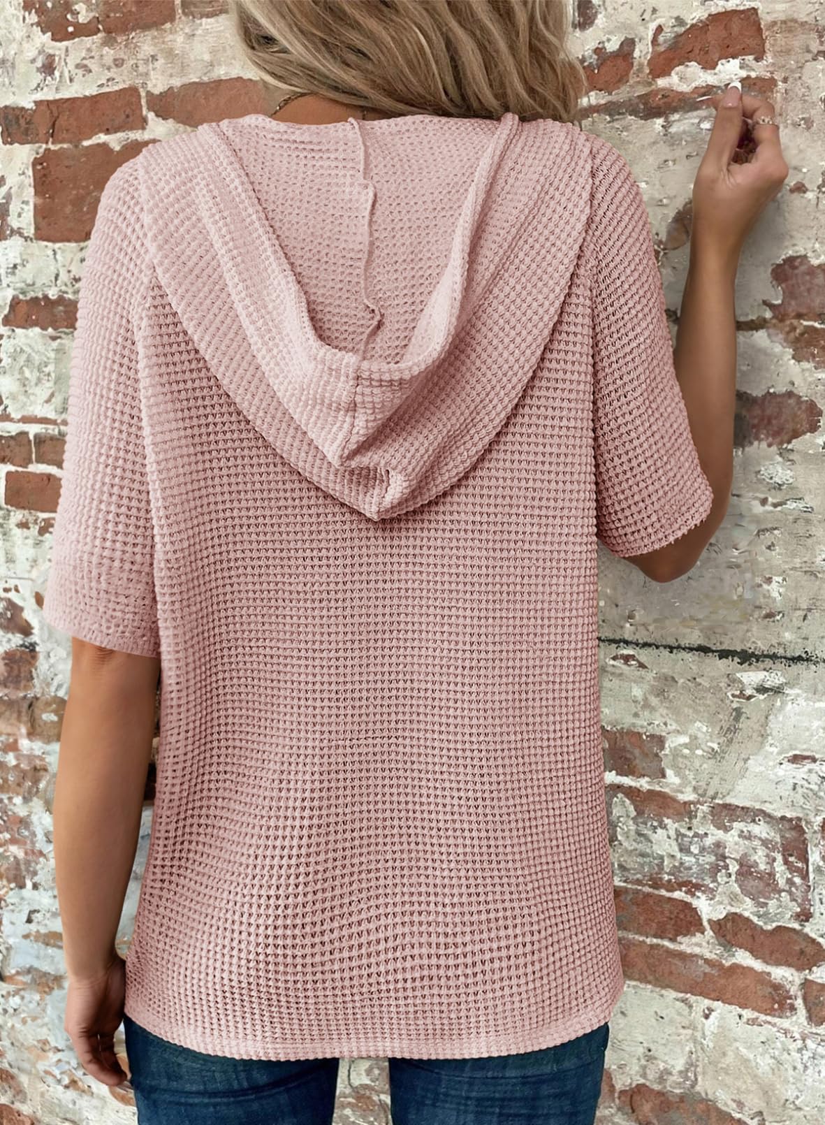 Women's Waffle Knit Button V Neck Short Sleeve Hoodie