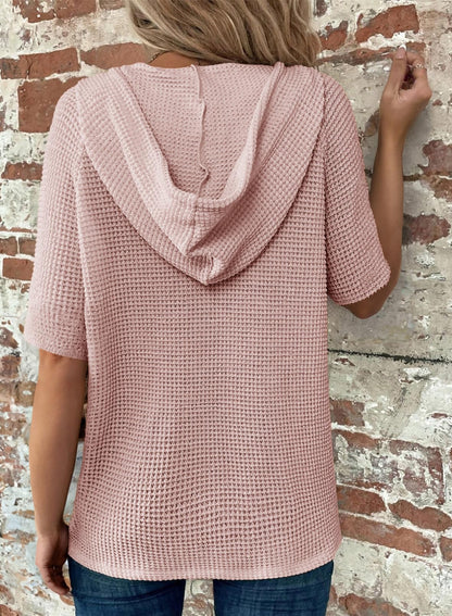 Women's Waffle Knit Button V Neck Short Sleeve Hoodie