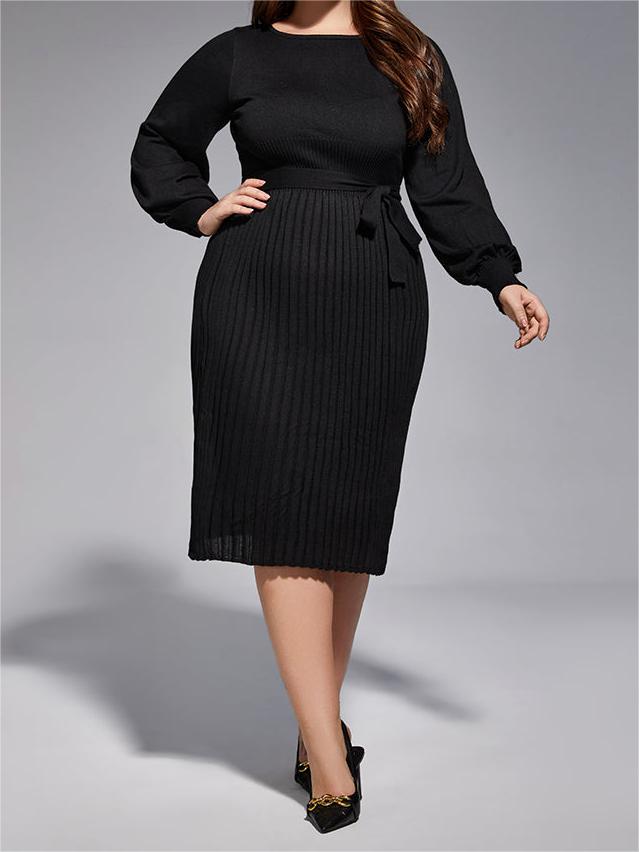 Plus Black Solid Tie Lantern Sleeves Knit Dress