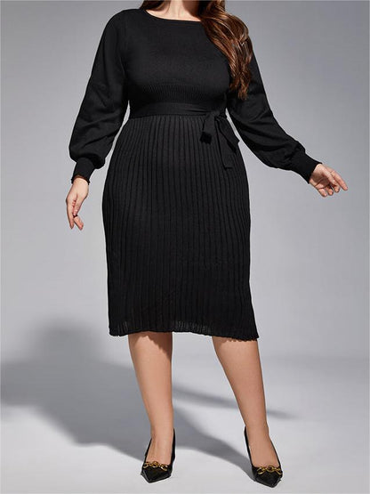 Plus Black Solid Tie Lantern Sleeves Knit Dress