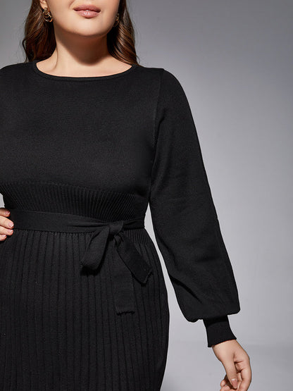 Plus Black Solid Tie Lantern Sleeves Knit Dress