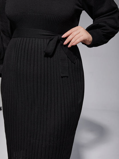 Plus Black Solid Tie Lantern Sleeves Knit Dress