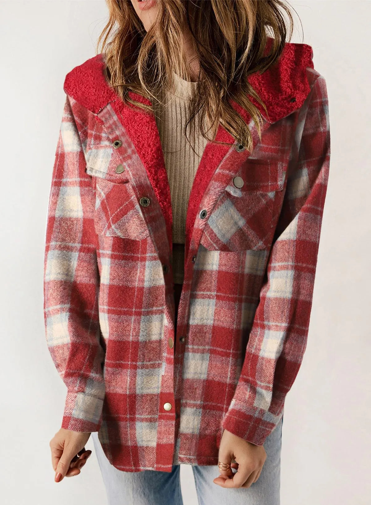 Women's Flannel Plaid Fleece Hooded Jacket
