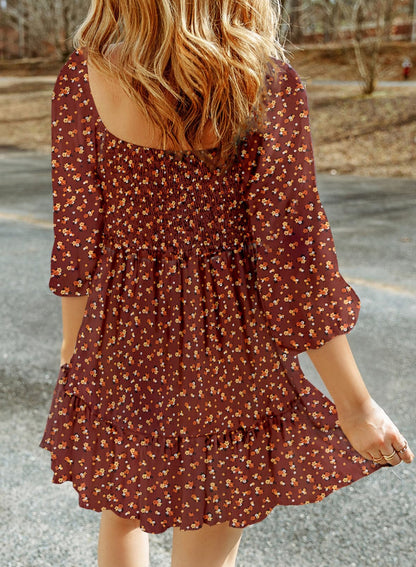 Women's Square Neck Smocked Boho Floral Dress