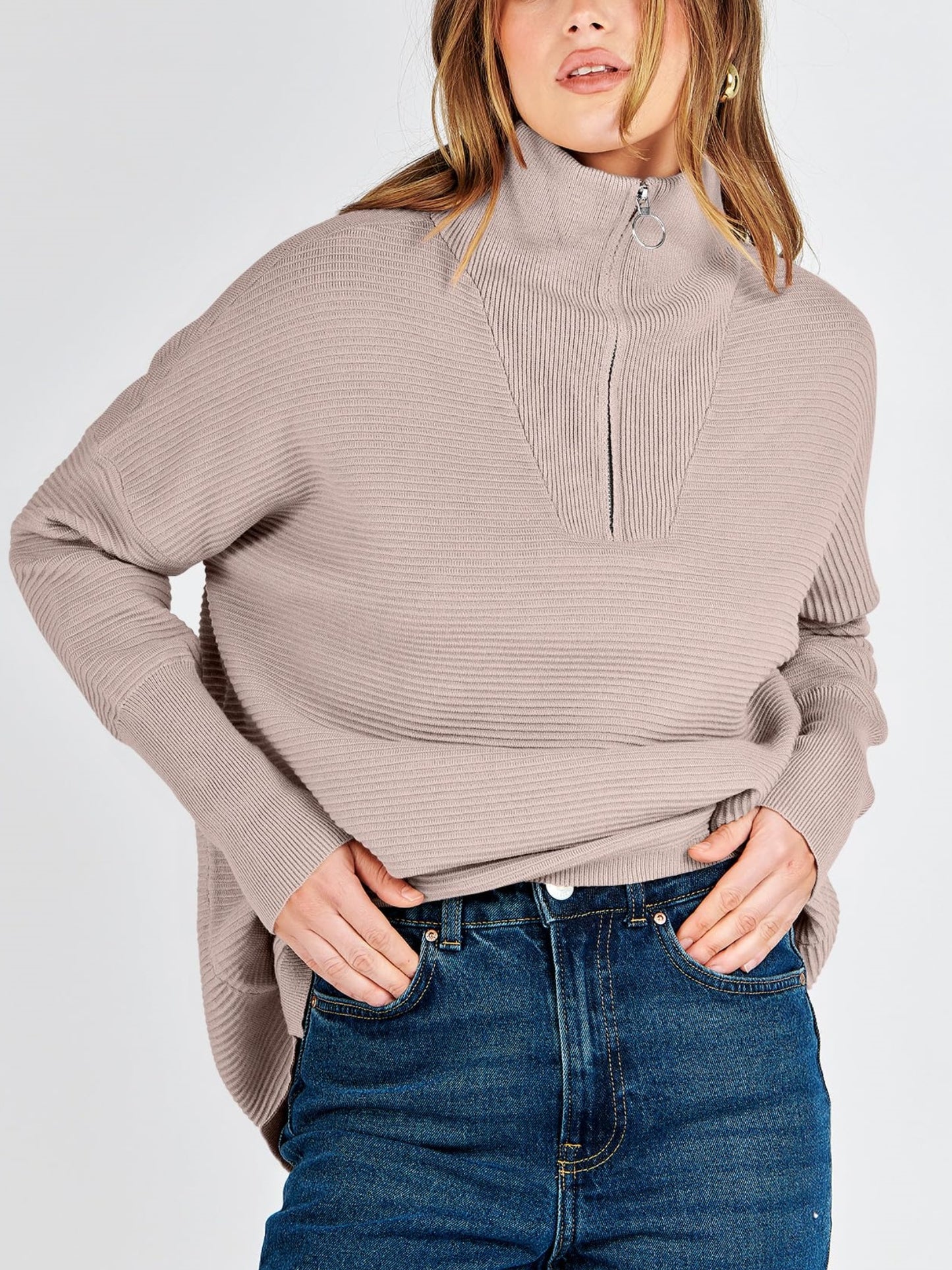 Women's Quarter Zip Rib Knit Cozy Pullover Sweaters