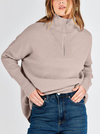 Women's Quarter Zip Rib Knit Cozy Pullover Sweaters