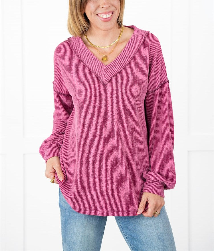 Women's Ribbed Long Sleeve V-Neck Pullover Tops