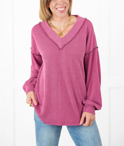 Women's Ribbed Long Sleeve V-Neck Pullover Tops