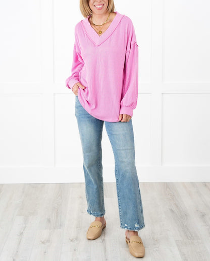 Women's Ribbed Long Sleeve V-Neck Pullover Tops