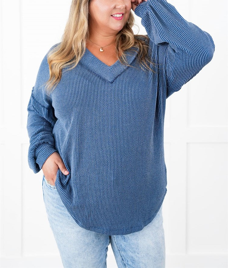 Women's Ribbed Long Sleeve V-Neck Pullover Tops