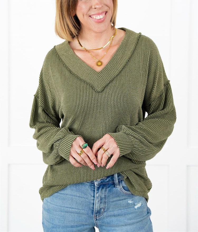 Women's Ribbed Long Sleeve V-Neck Pullover Tops