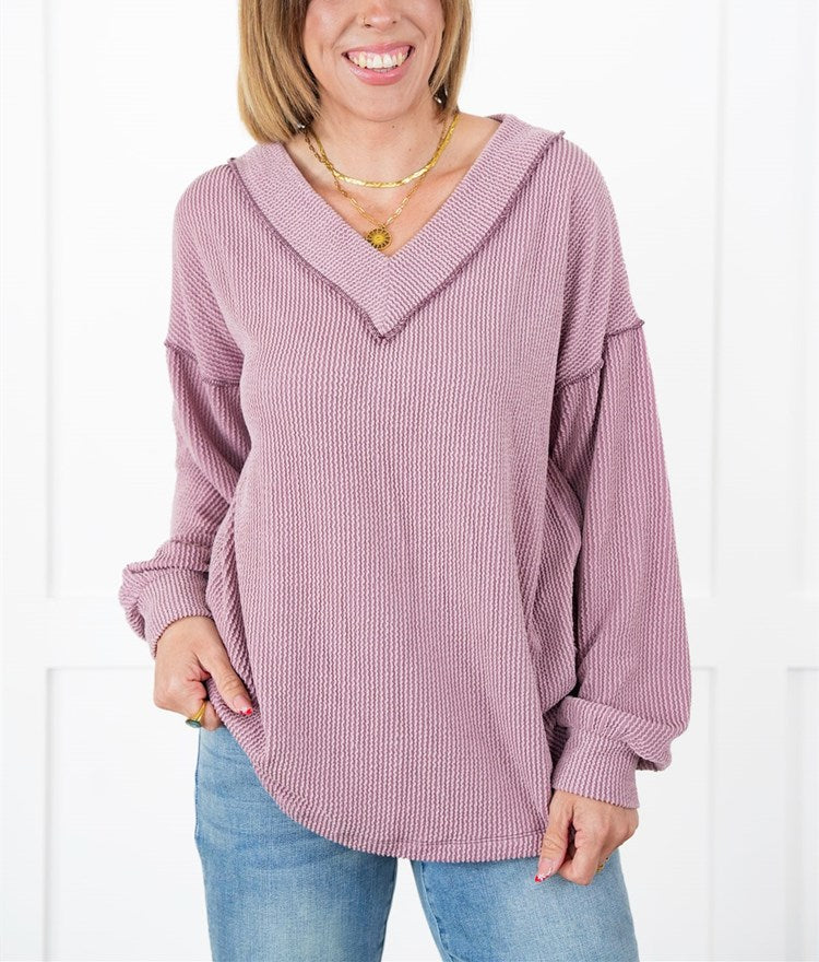 Women's Ribbed Long Sleeve V-Neck Pullover Tops