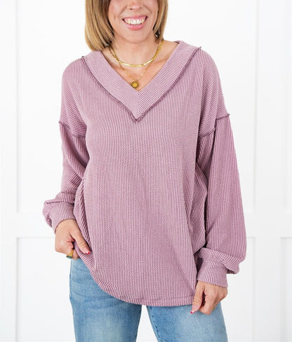 Women's Ribbed Long Sleeve V-Neck Pullover Tops