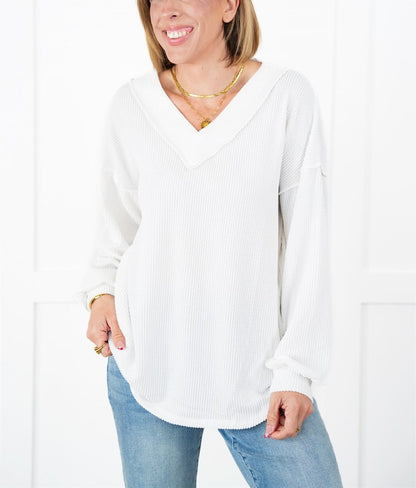 Women's Ribbed Long Sleeve V-Neck Pullover Tops
