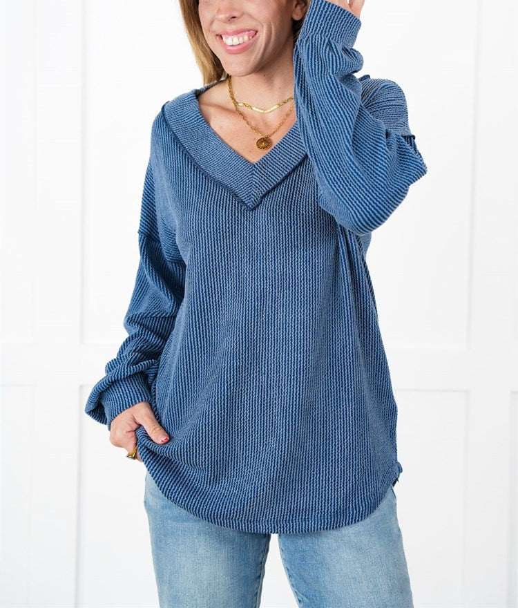 Women's Ribbed Long Sleeve V-Neck Pullover Tops